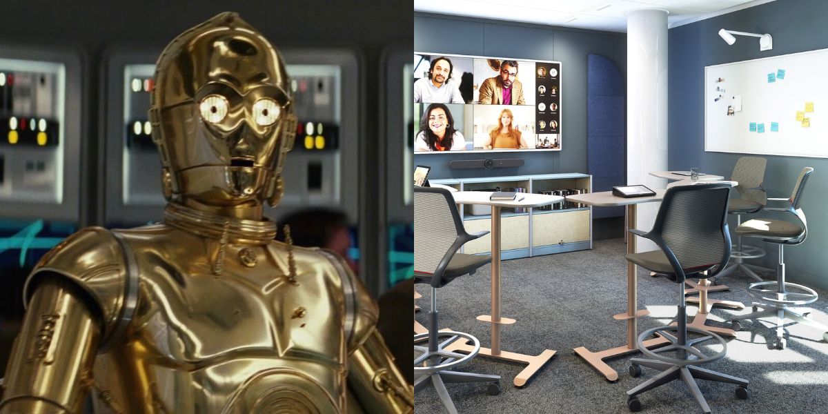 C3PO next to an image of meeting room using Logitech Scribe technology
