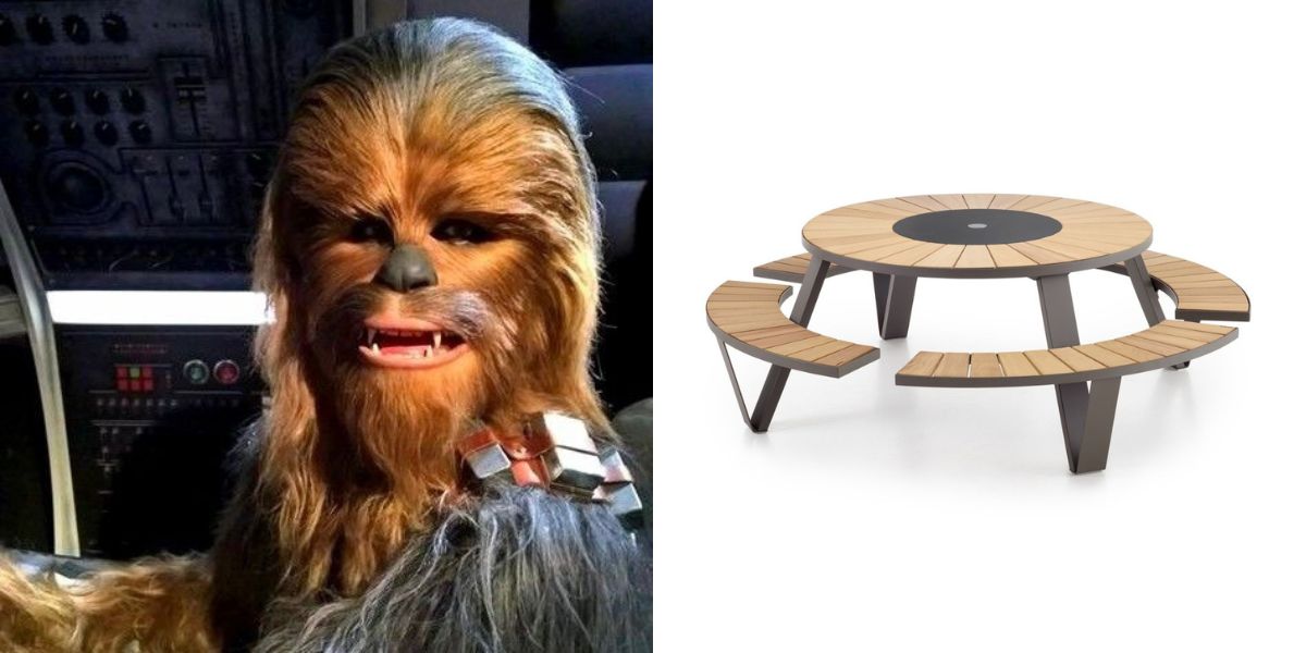 Chewbacca next to an image of Pantagruel Round Picnic Table by Extremis