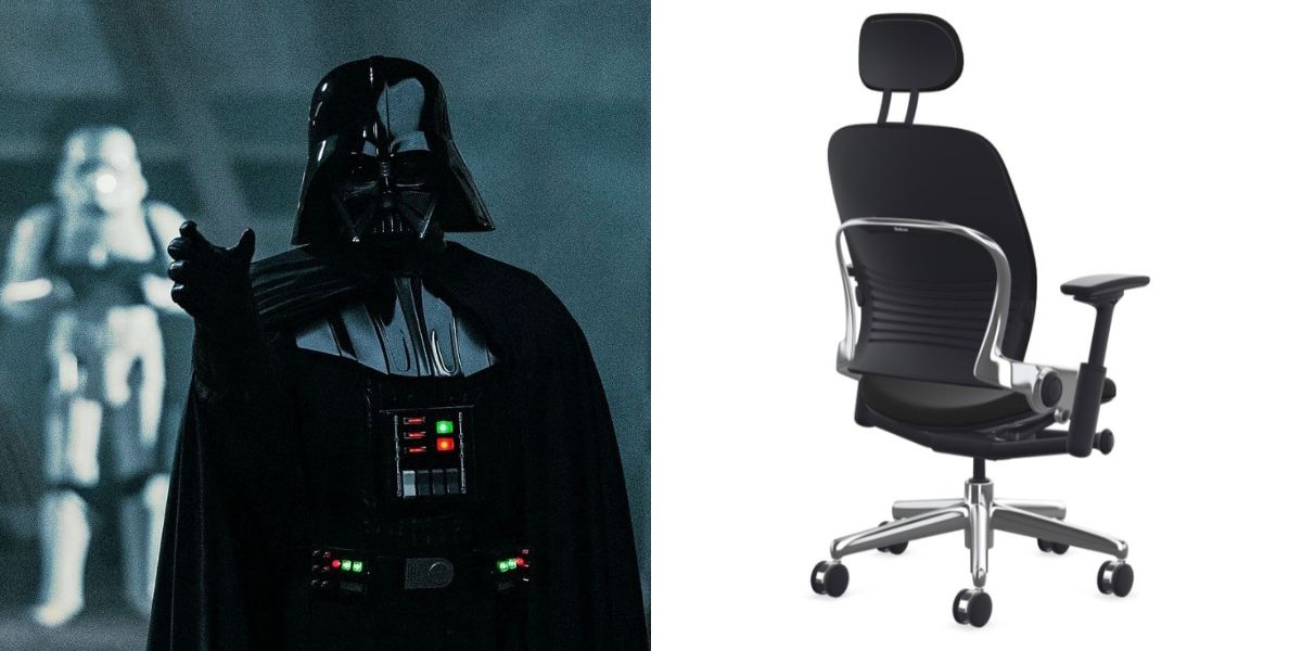 Darth Vader next to an image of Leap by Steelcase with headrest