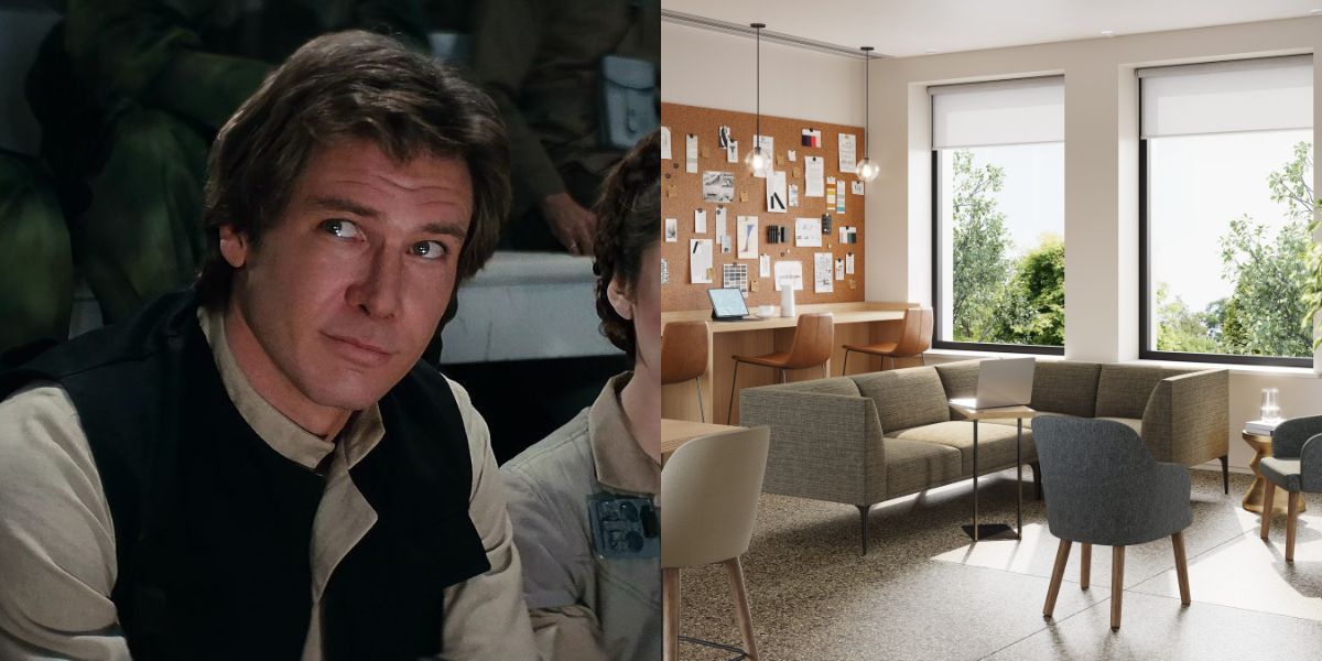 Han Solo next to an image of the West Elm Work Mesa Sectional