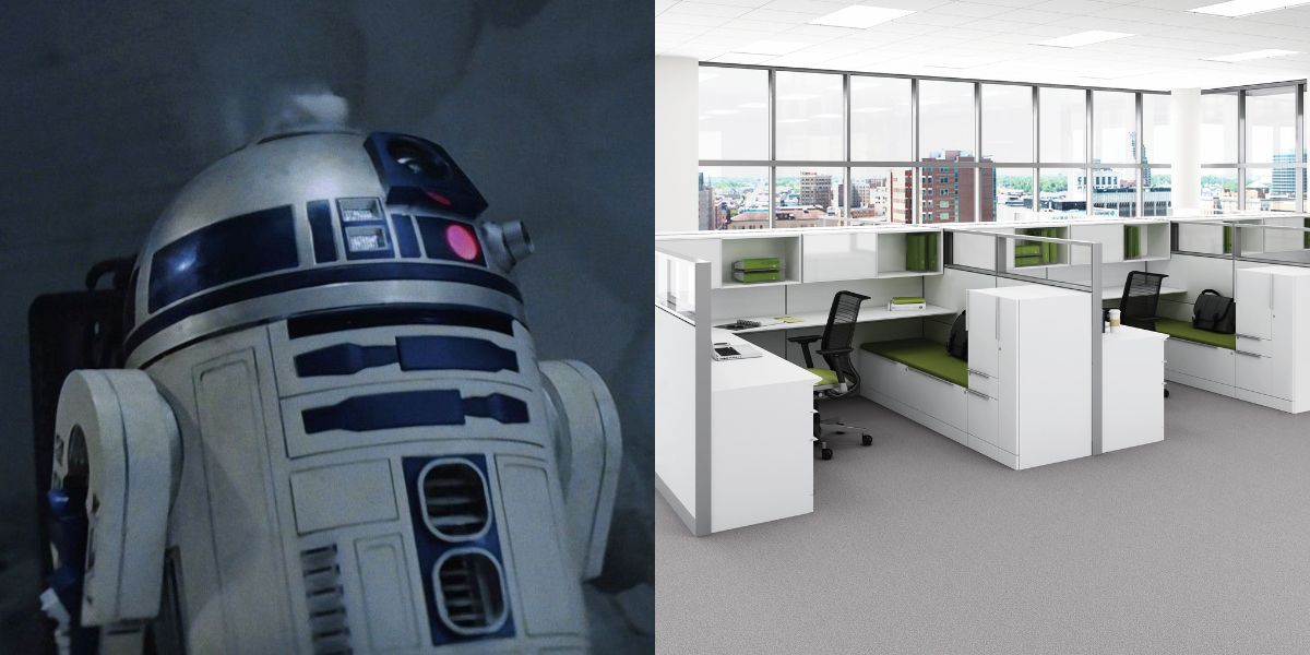 R2-D2 next to an image of Montage Panel Systems by Steelcase